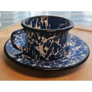 Vintage Enamel Ware Demitasse Cup and Saucer Blue White CGS International Inc